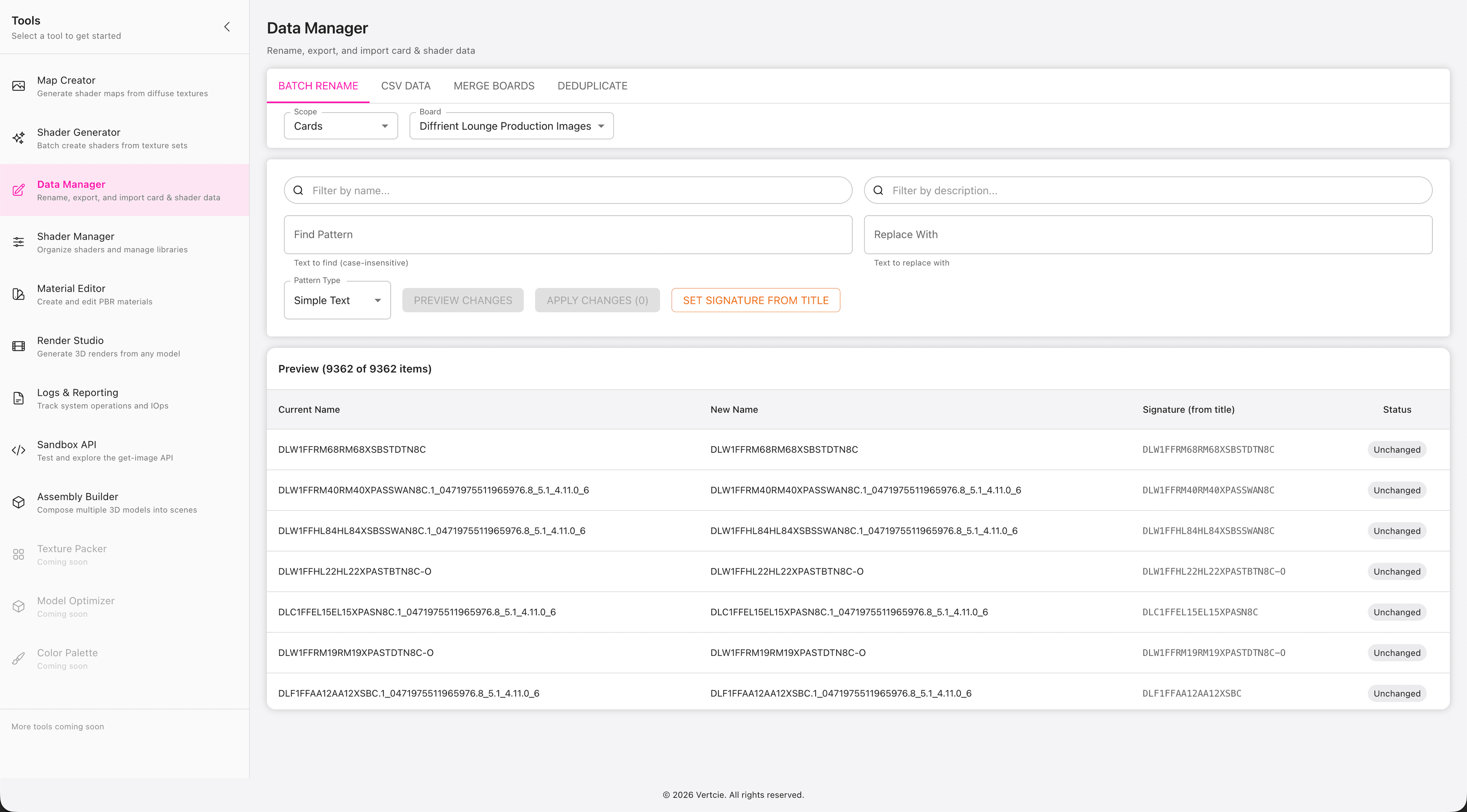 Vertcie Data Manager showing structured product data controls.