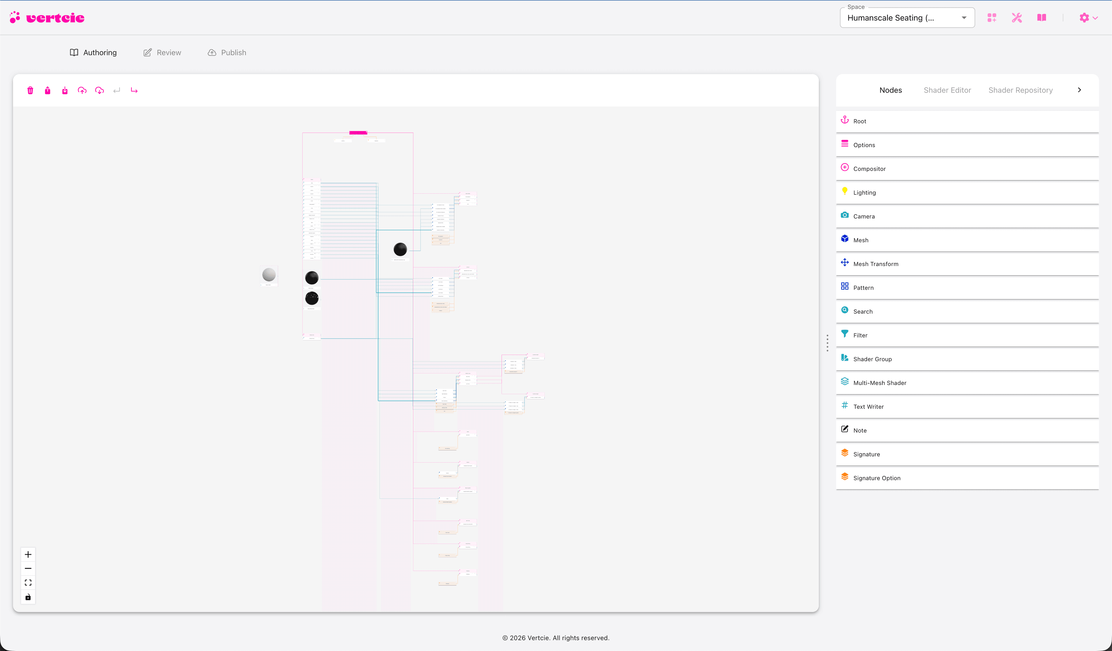 Vertcie beta workflow authoring interface with a node canvas and editable configuration panels.