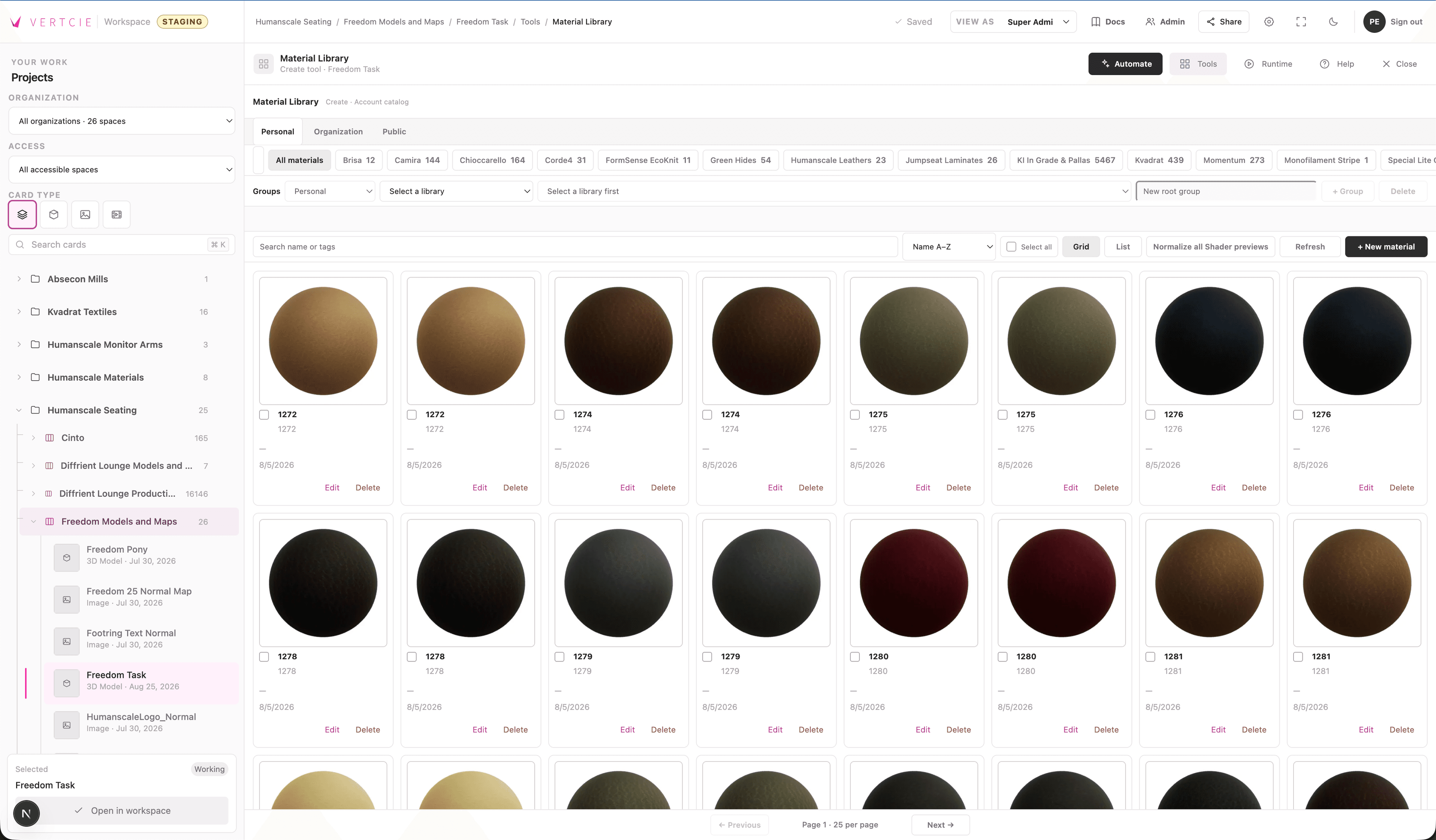 Material Library: preview finishes, search the collection, and keep materials organized for reuse across products.