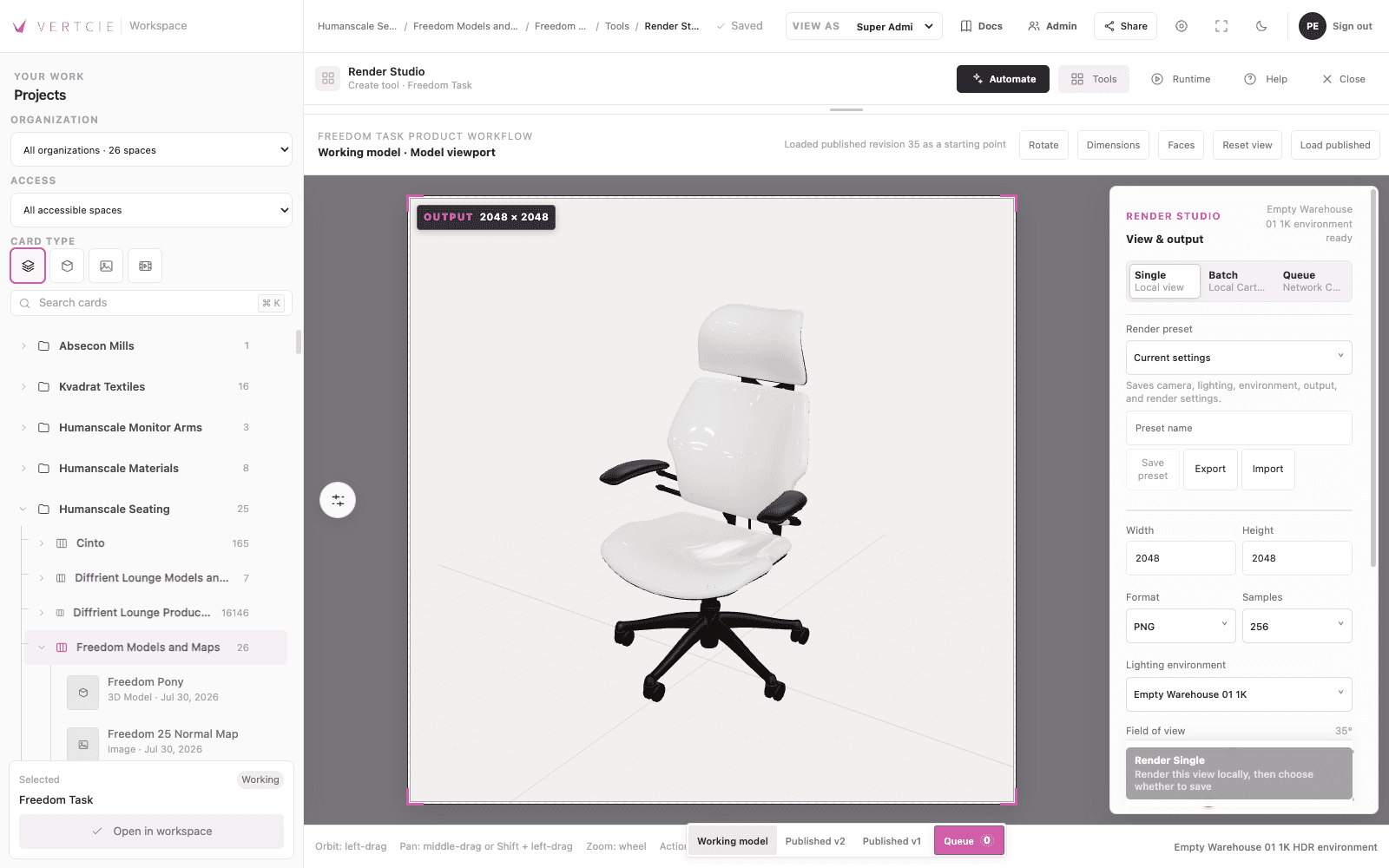 Render Studio: review the product in the center and choose the image size, format, and lighting on the right.