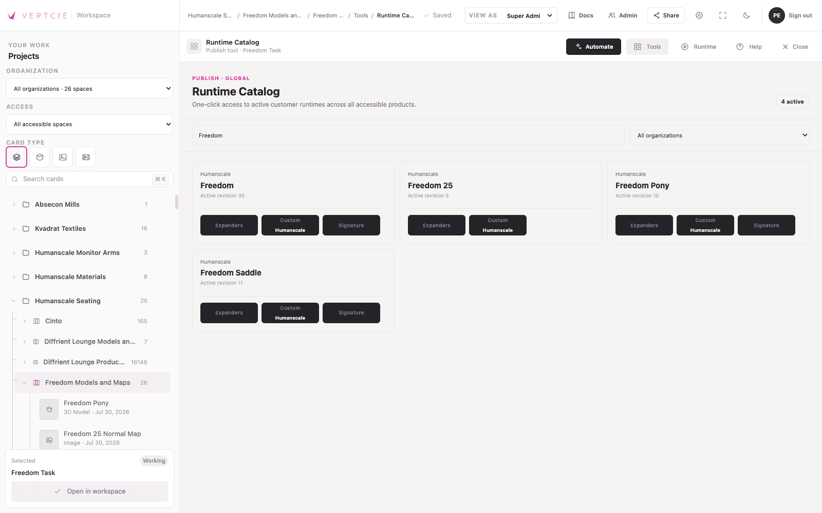 Runtime Catalog: each product card shows its active version and links to the available customer experiences.