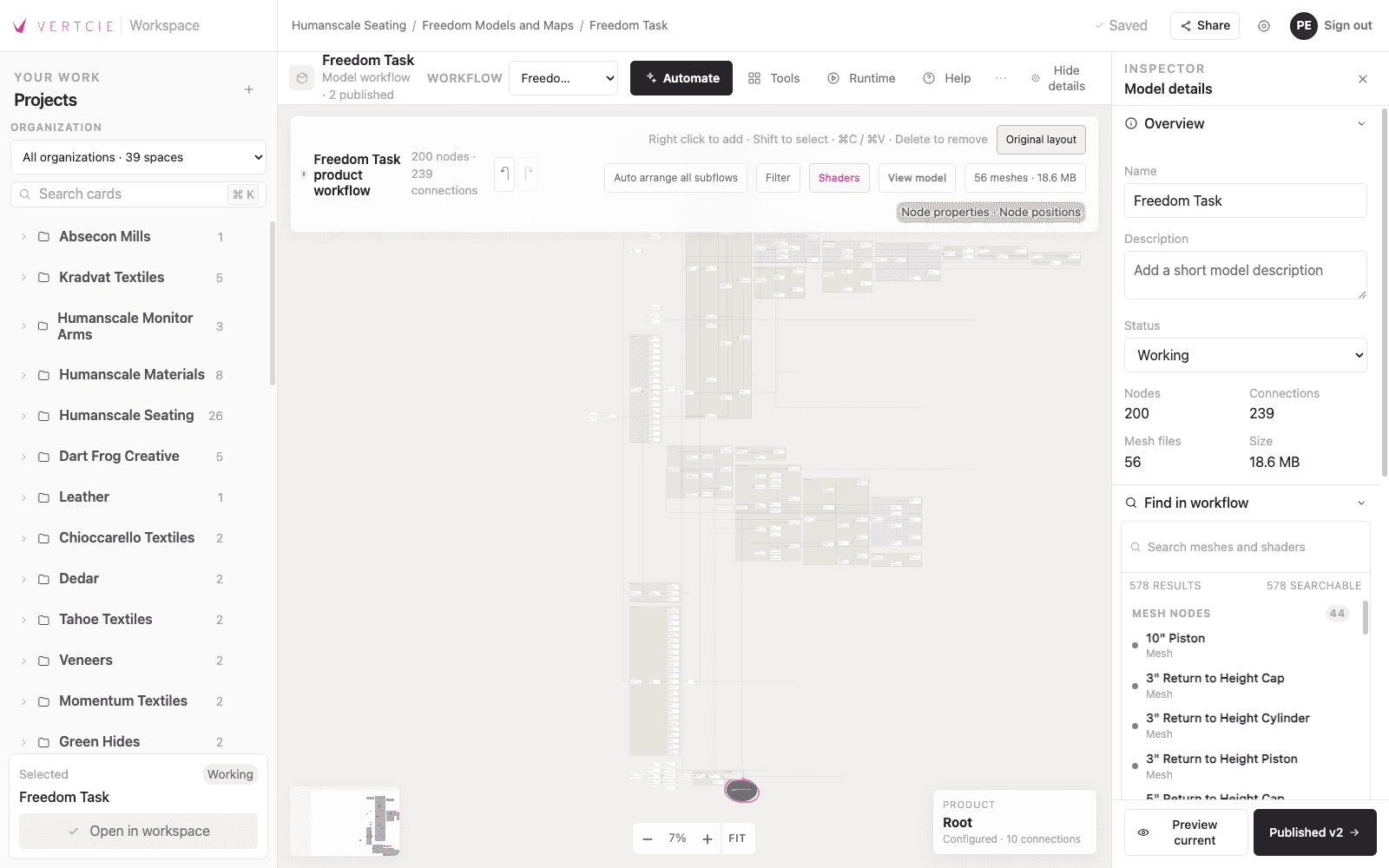 Freedom Task nodal workflow showing the complete product structure and inspector