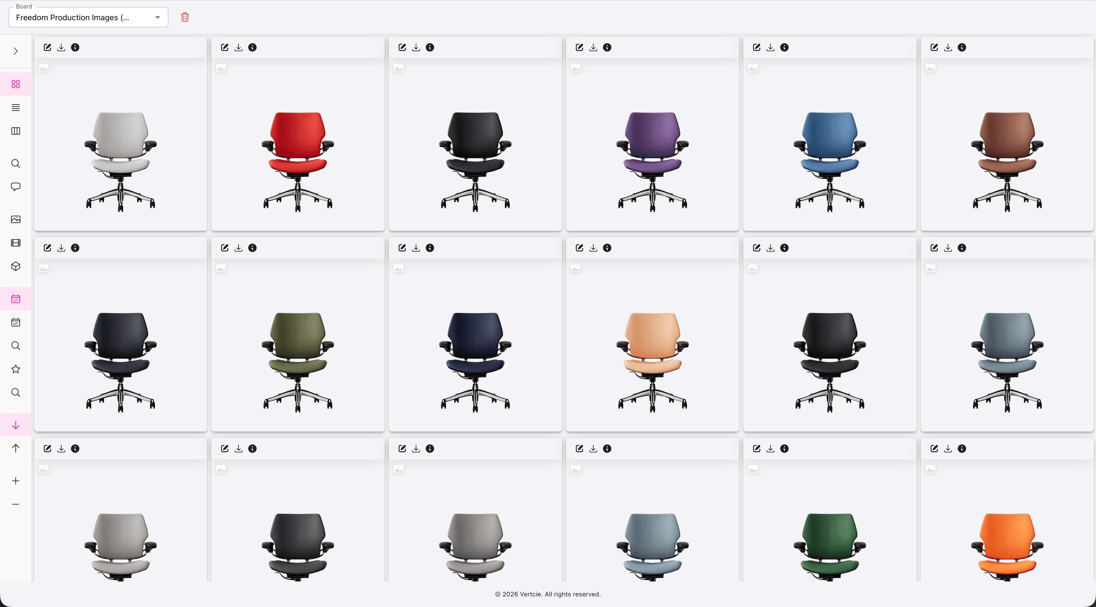 Vertcie Board showing cards with rendered product outputs created by the built-in photorealistic render engine.