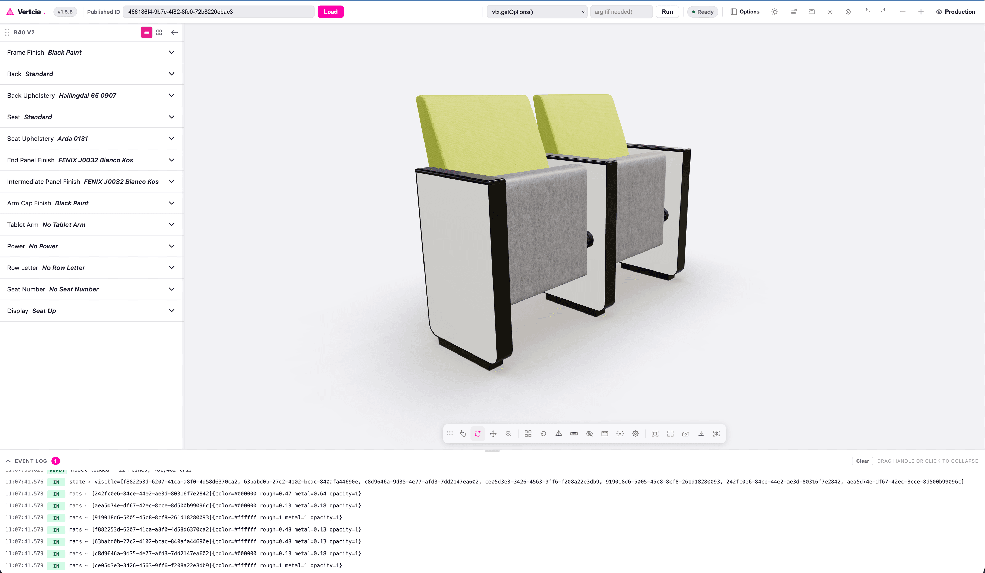 Vertcie client developer mode showing tools for interacting with and extending the Vertcie 3D scene.